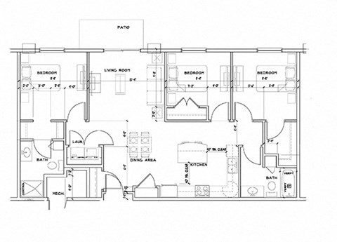Floor plan for 3 beds, 2 baths, 1196 sqft